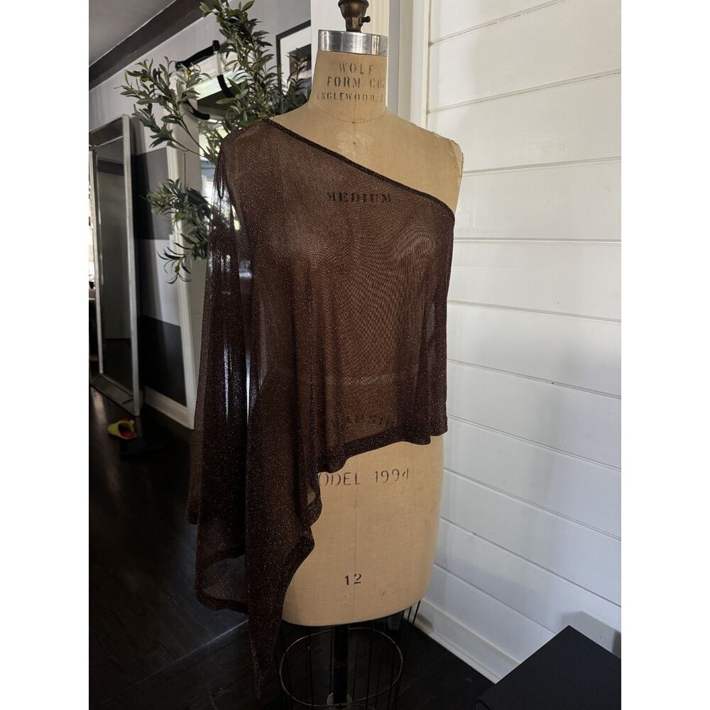 Emerson Lang Brown Sparkly Sheer Asymmetrical Poncho Top S